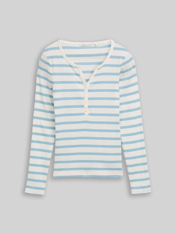 Slim-fit long-sleeved Henley - calm blue white stripe