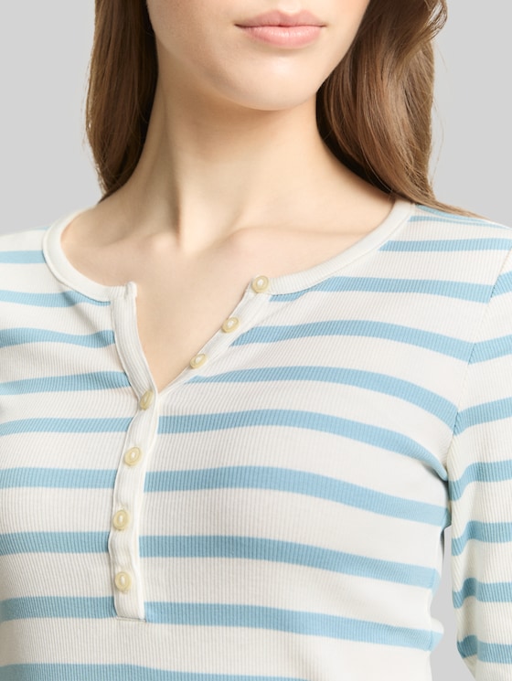 Slim-fit long-sleeved Henley - calm blue white stripe