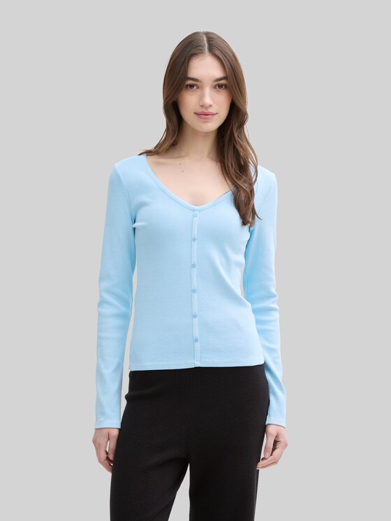 Long-sleeved shirt with decorative button placket - dusty sky blue