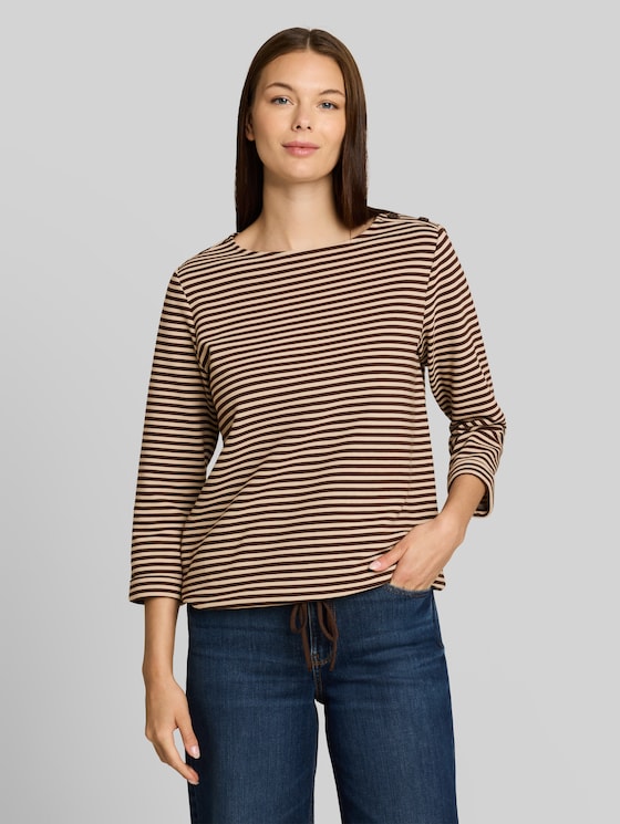 Long-sleeved top with button details - dark brown beige stripe