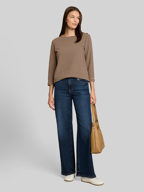 Long-sleeved top with button details - dark brown beige stripe