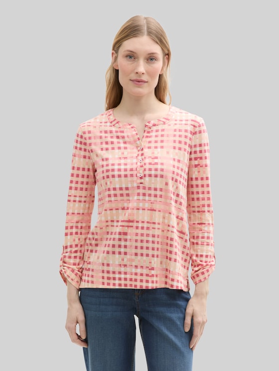 Henley long-sleeved shirt with pattern - berry red check design
