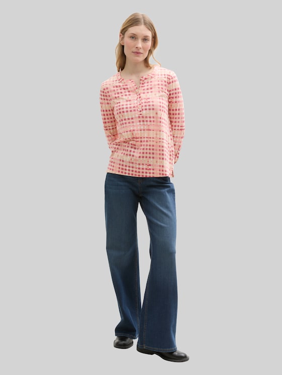 Henley long-sleeved shirt with pattern - berry red check design
