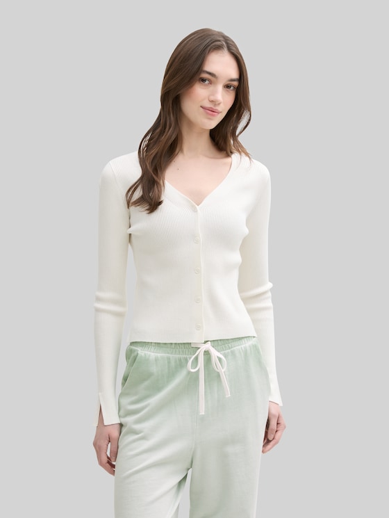 Ribbed cardigan with sleeve slits - off white