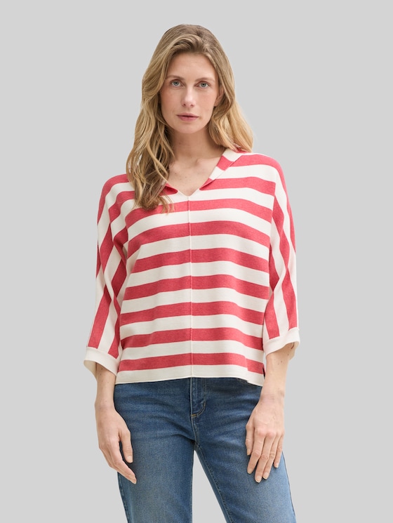Loose fit knitted jumper with hood - red melange block stripe