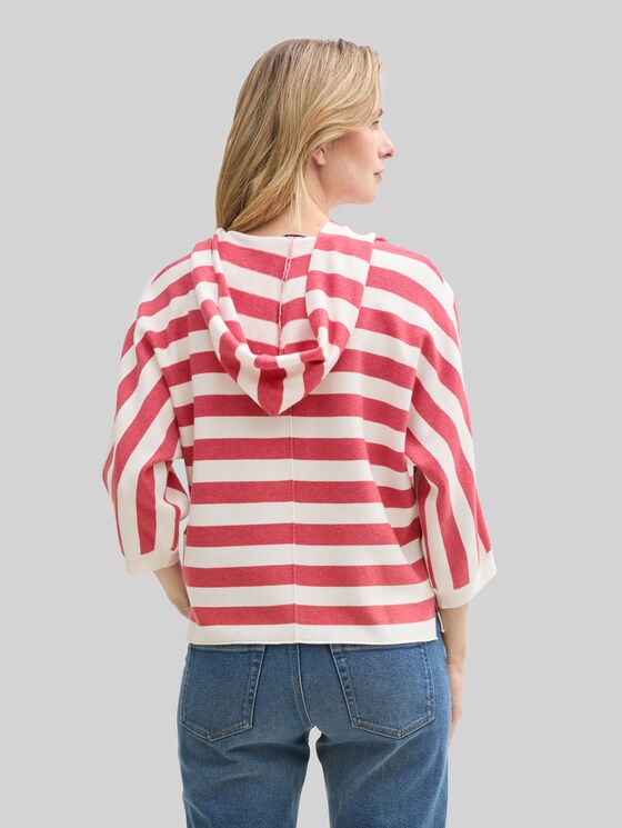 Loose fit knitted jumper with hood - red melange block stripe