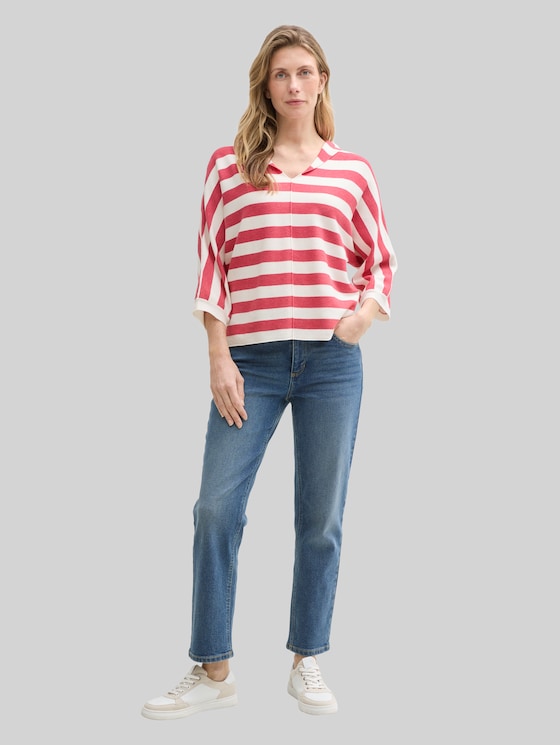 Loose fit knitted jumper with hood - red melange block stripe