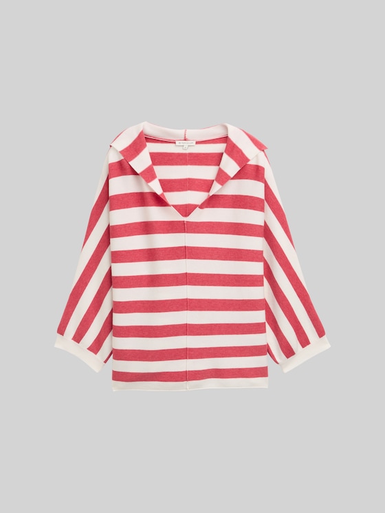 Loose fit knitted jumper with hood - red melange block stripe