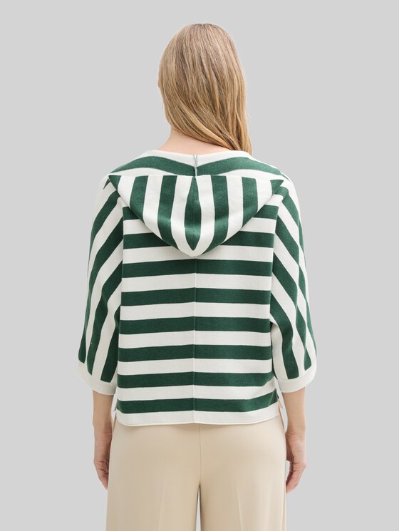 Loose fit knitted jumper with hood - green melange block stripe