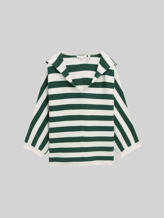 Loose fit knitted jumper with hood - green melange block stripe