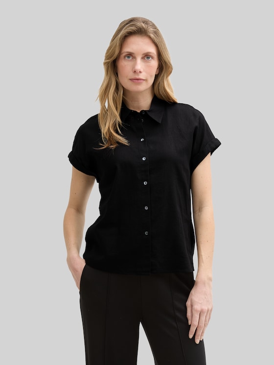 Loose fit blouse with linen blend - deep black