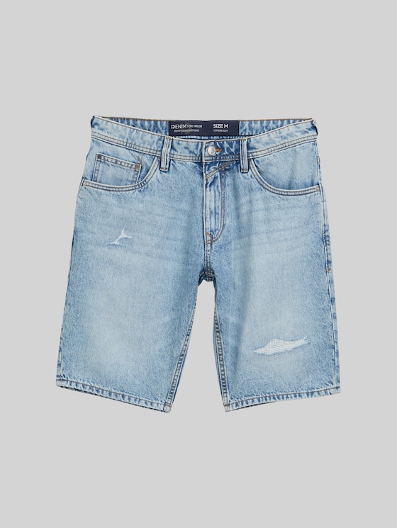 TTPIERS Slim Destroyed Jeans Shorts - Destroyed Light Stone Blue Denim