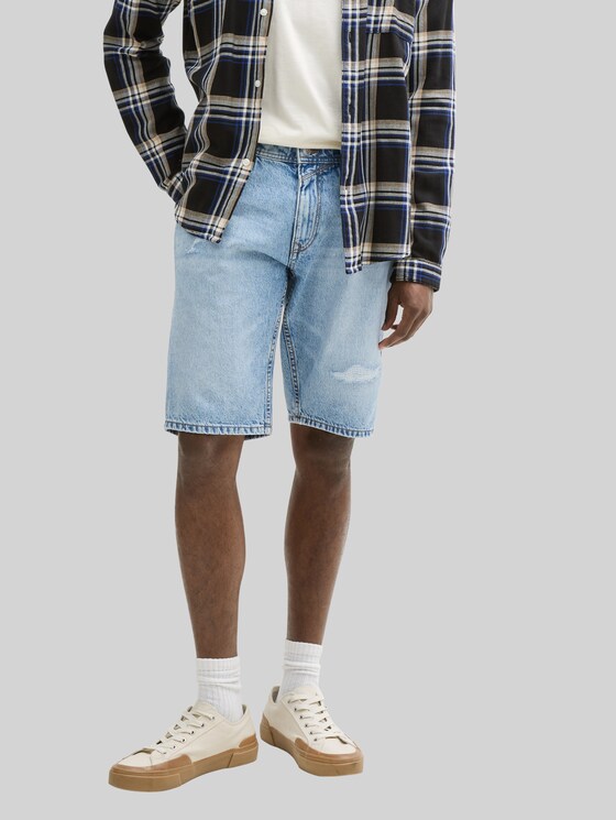 TTPIERS Slim Destroyed Jeans Shorts - Destroyed Light Stone Blue Denim