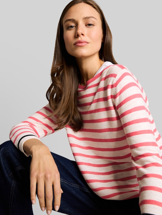 Striped knitted jumper - coral offwhite navy stripe