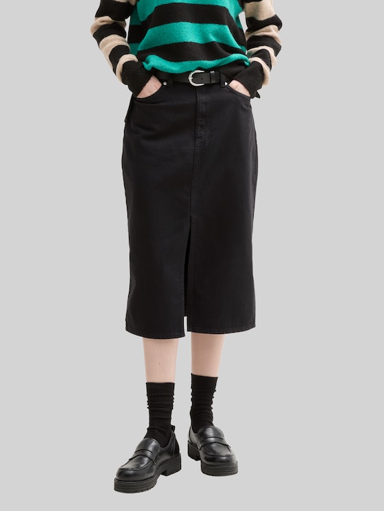 Midi denim skirt with slit - deep black