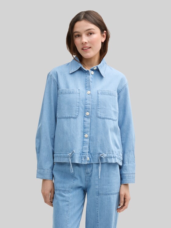 Lightweight denim jacket with drawstring - Used Bleached Blue Denim
