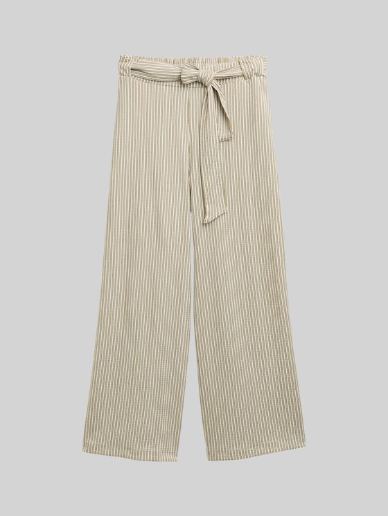 High waist culotte trousers with tie belt - vertical green white stripe