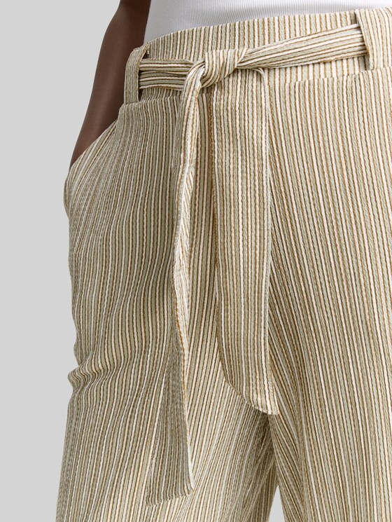 High waist culotte trousers with tie belt - vertical green white stripe