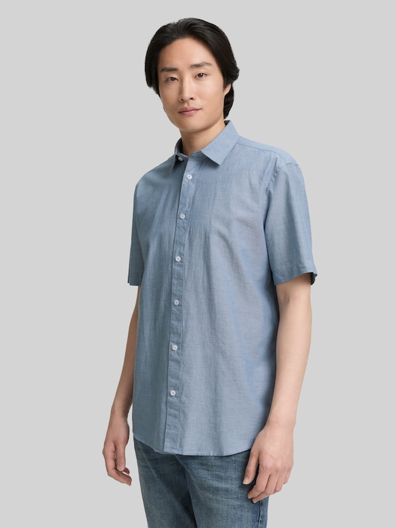 Regular fit short-sleeved cotton shirt - real teal blue chambray