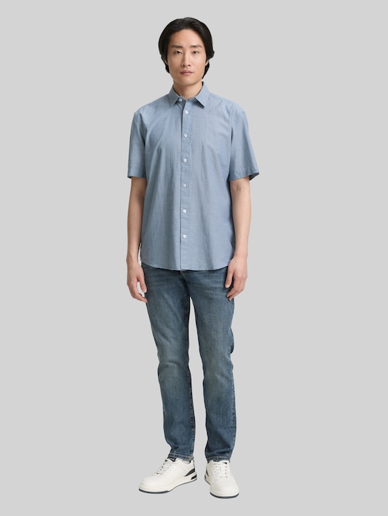 Regular fit short-sleeved cotton shirt - real teal blue chambray