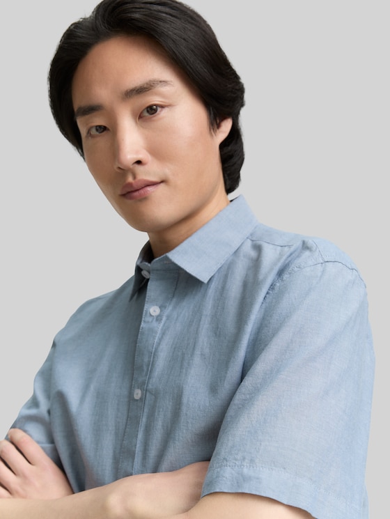 Regular fit short-sleeved cotton shirt - real teal blue chambray
