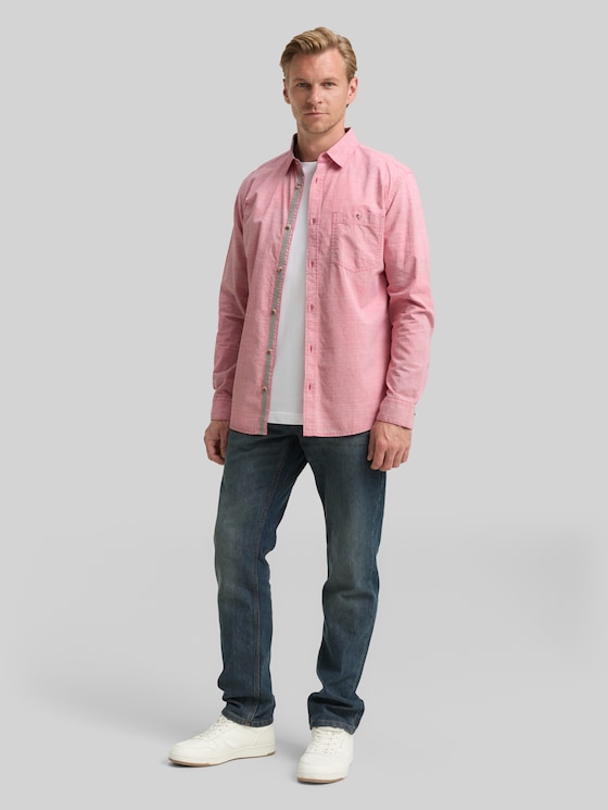 Regular-fit shirt with a breast pocket - red white horizontal structure