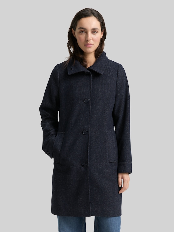 Wool coat with stand-up collar - navy heringbone