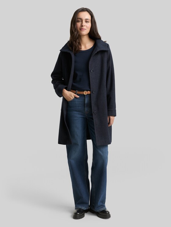 Wool coat with stand-up collar - navy heringbone