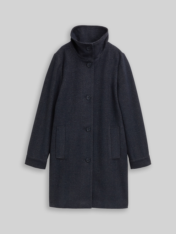 Wool coat with stand-up collar - navy heringbone