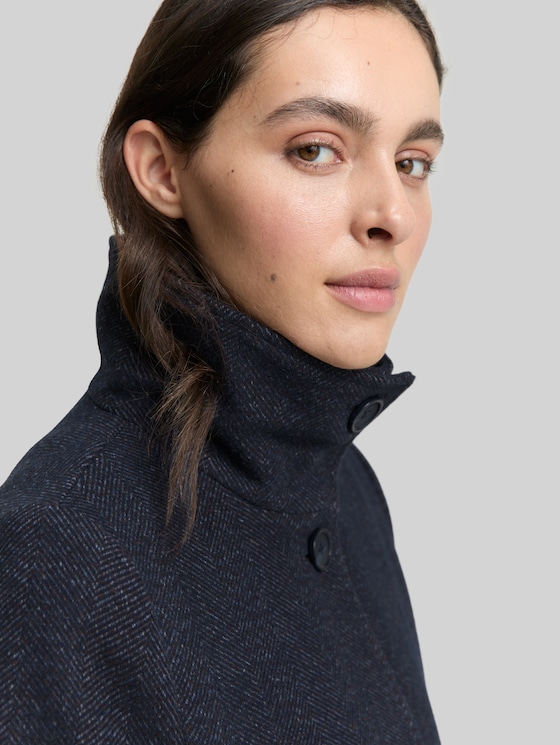 Wool coat with stand-up collar - navy heringbone