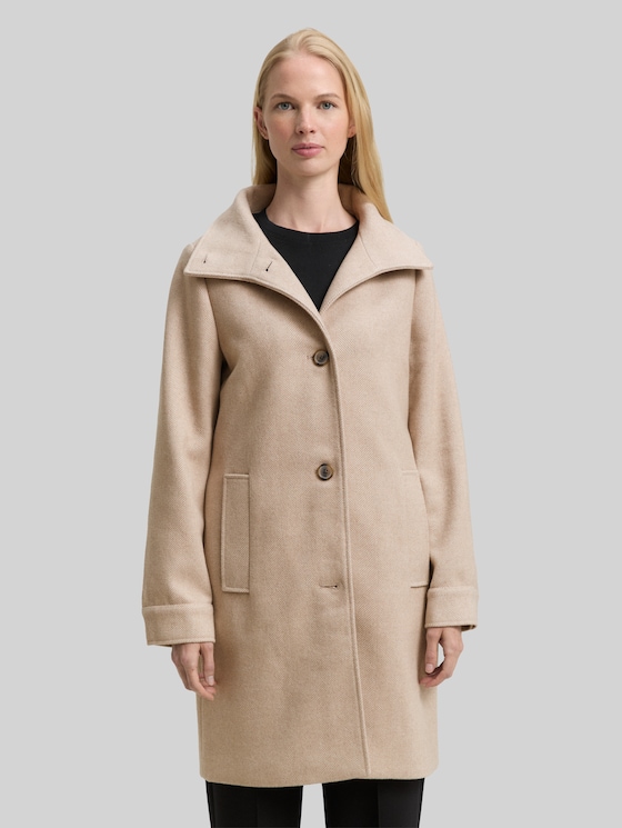 Wool coat with stand-up collar - beige heringbone