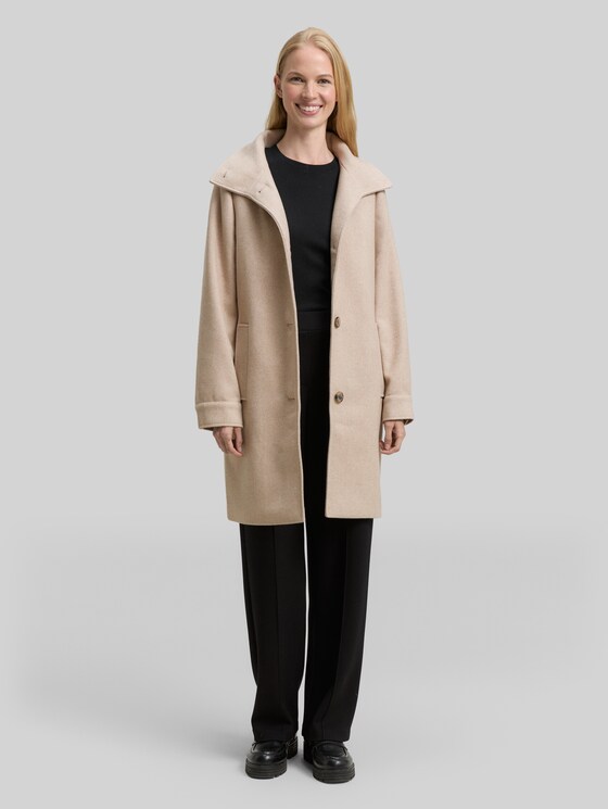 Wool coat with stand-up collar - beige heringbone