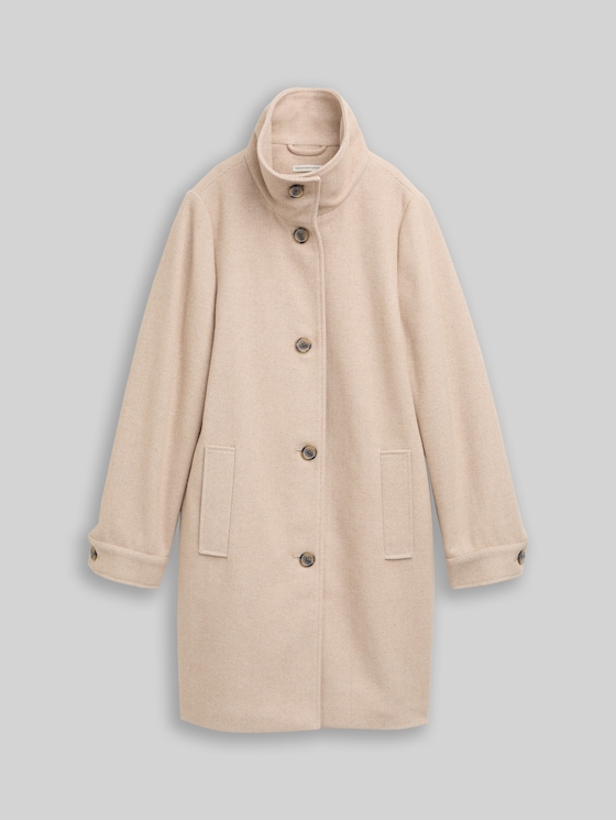 Wool coat with stand-up collar - beige heringbone