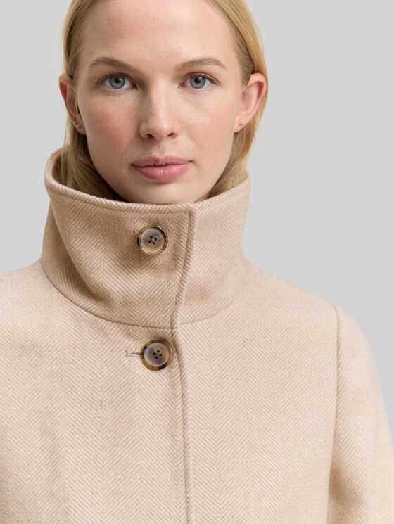 Wool coat with stand-up collar - beige heringbone