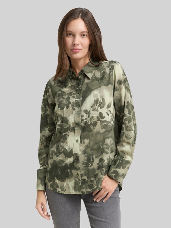 Shirt blouse with pattern - green brushed flower design