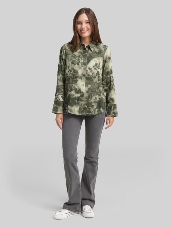 Shirt blouse with pattern - green brushed flower design