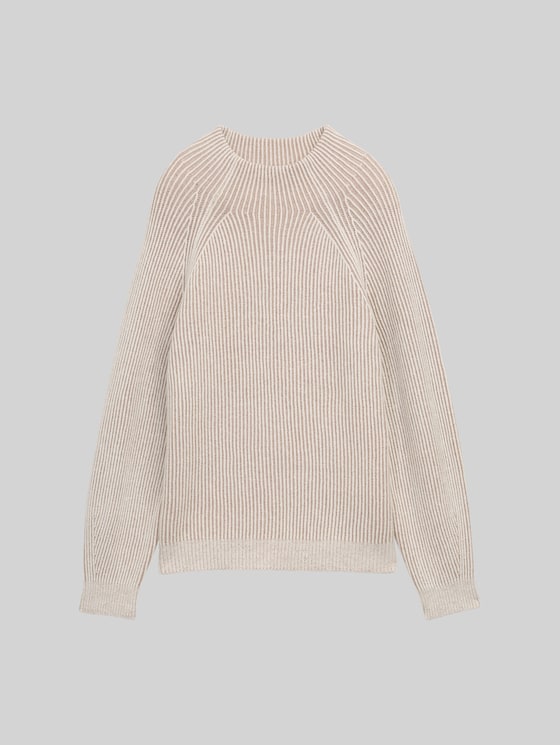 Loose fit knitted jumper with stand-up collar - soft taupe rib structure