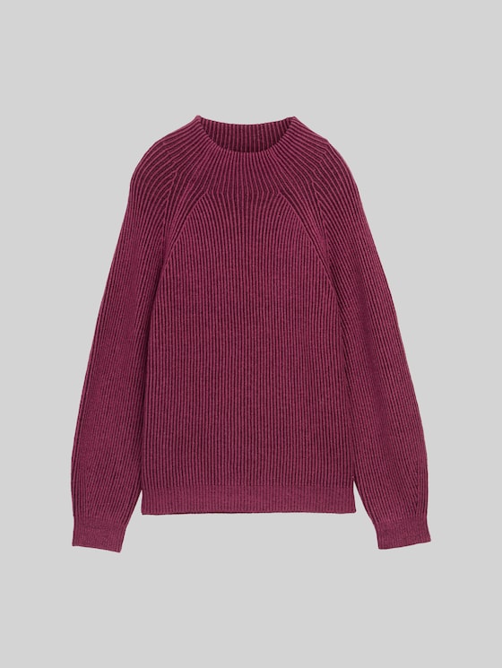 Loose fit knitted jumper with stand-up collar - red rib structure