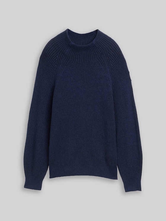 Loose fit knitted jumper with stand-up collar - blue rib structure