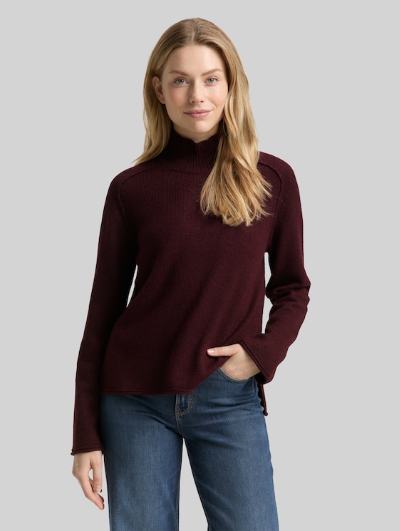 Loose fit knitted jumper with stand-up collar - Dark Red Mélange