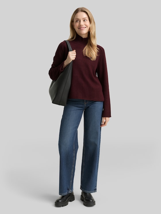 Loose fit knitted jumper with stand-up collar - Dark Red Mélange
