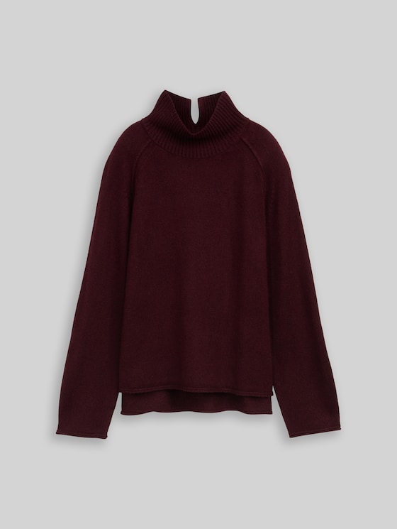 Loose fit knitted jumper with stand-up collar - Dark Red Mélange