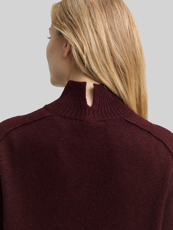 Loose fit knitted jumper with stand-up collar - Dark Red Mélange