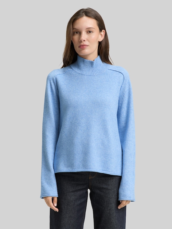 Loose fit knitted jumper with stand-up collar - light fjord blue melange