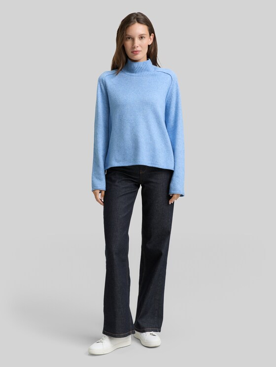 Loose fit knitted jumper with stand-up collar - light fjord blue melange