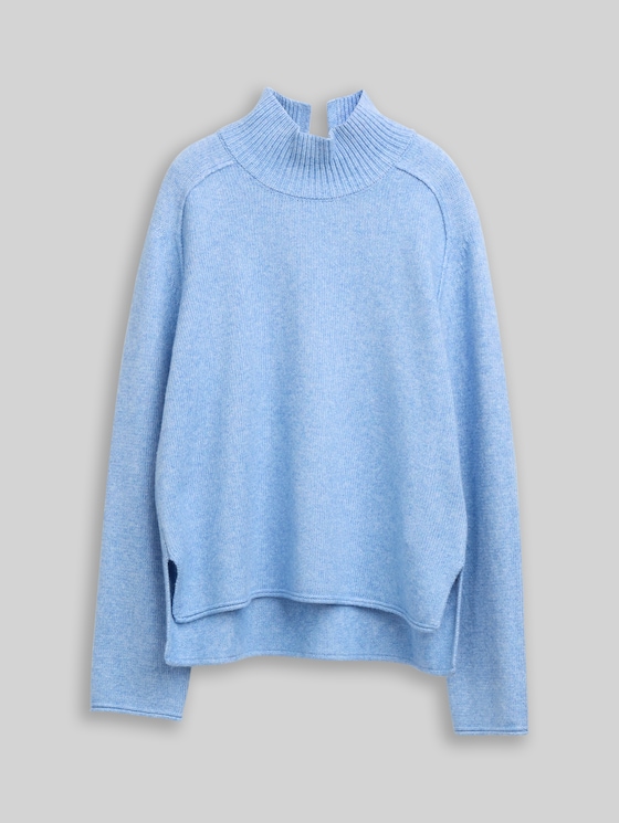 Loose fit knitted jumper with stand-up collar - light fjord blue melange