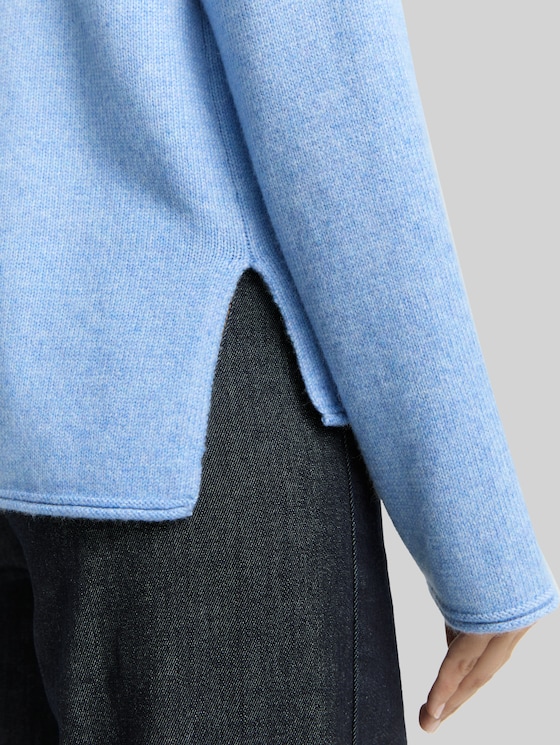 Loose fit knitted jumper with stand-up collar - light fjord blue melange