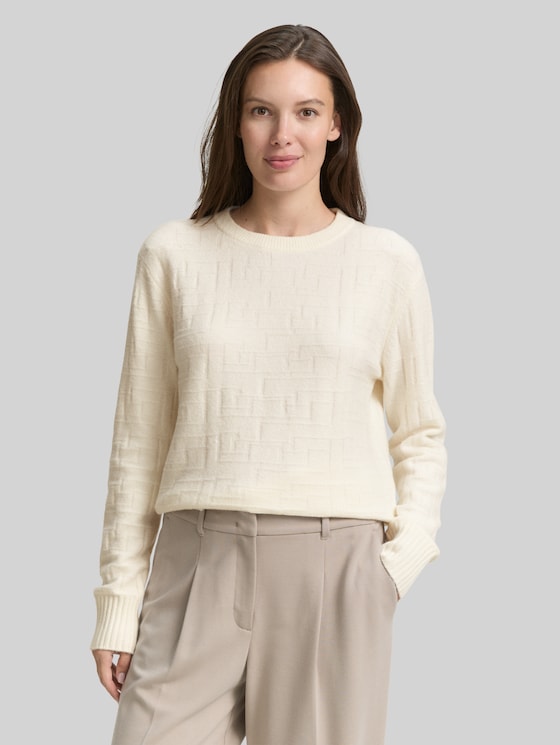 Loose fit knitted jumper with pattern - Whisper White