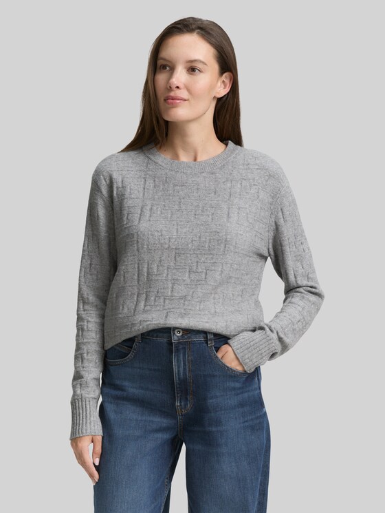 Loose fit knitted jumper with pattern - medium silver grey melange