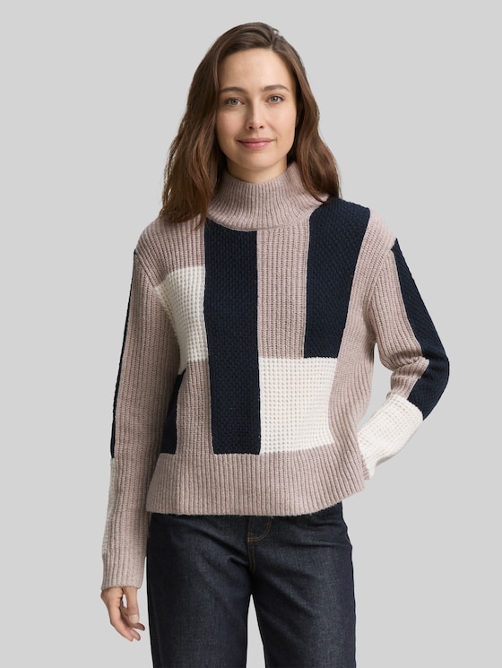 Loose fit knitted jumper with colour blocking - taupe structured colorblock